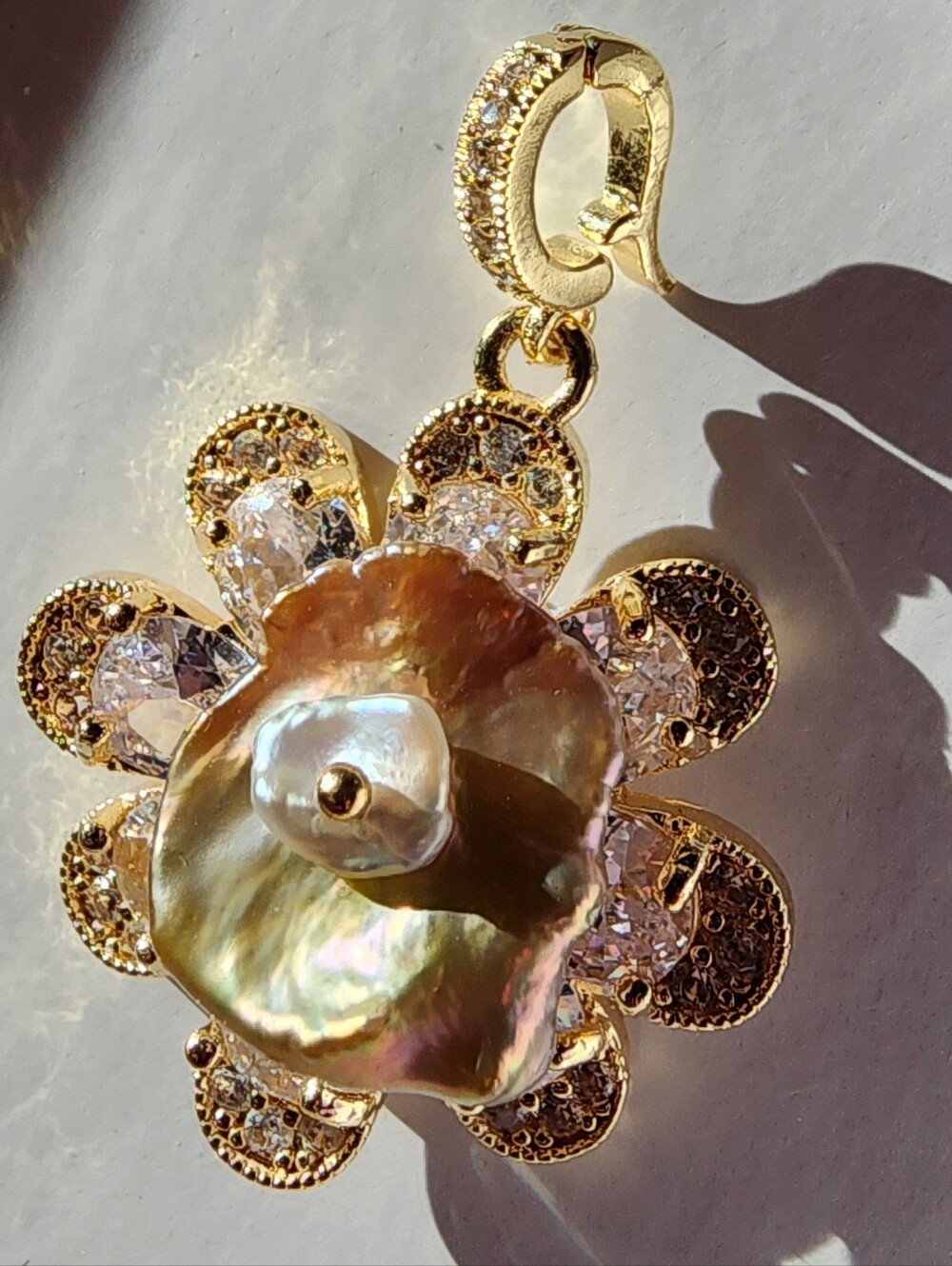 Detachable Pendant Gold on 925 Silver Freshwater Pearl Flower & CZs NEW! Artisan
